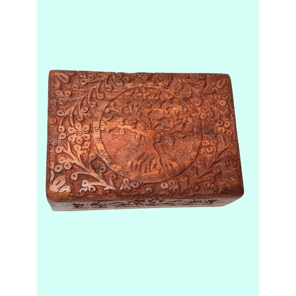 vintage hand carved hinged velvet lined Handcrafted Wooden Tree Life Jewelry Box - Picture 1 of 14